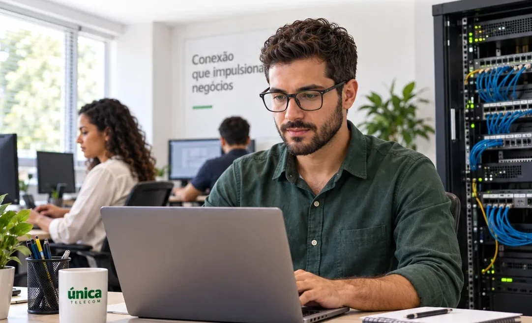 Profissional utilizando notebook ao lado de equipamentos de rede