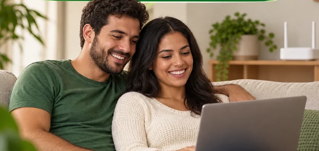 Casal utilizando internet fibra óptica no conforto de casa
