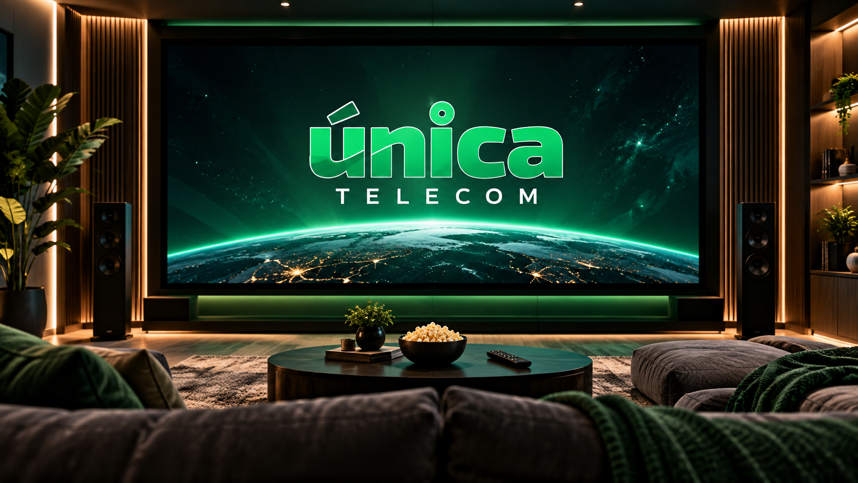 Sala de cinema em casa com a logomarca da Única Telecom na tela