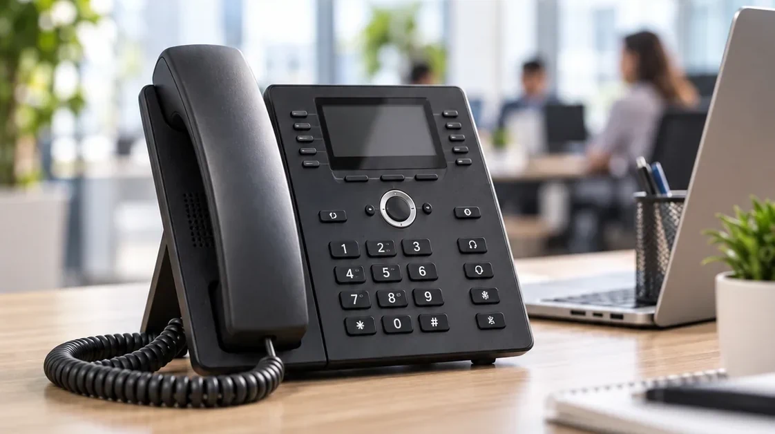 Telefone profissional com tecnologia VoIP sobre mesa de escritório
